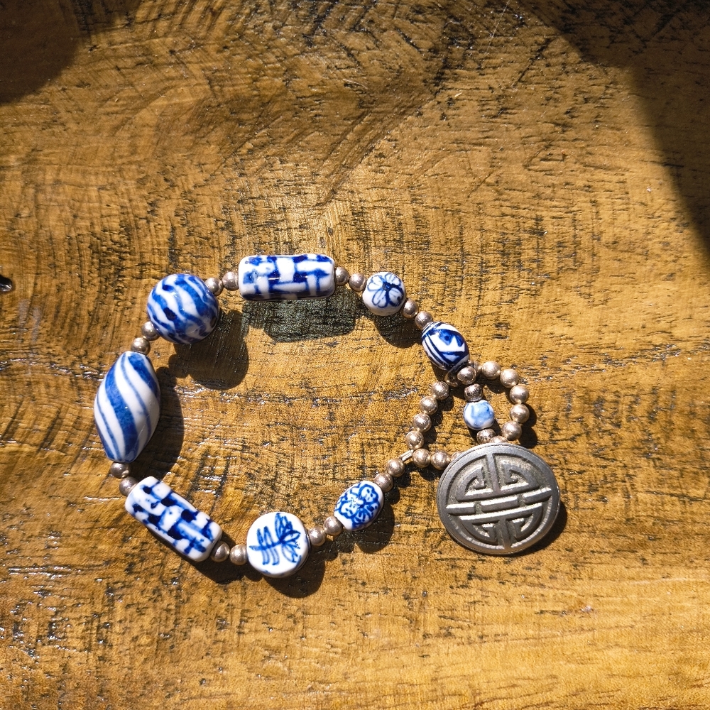 Vintage Chinese Hand Painted Porcelain Bead Bracelet With Shou Symbol Closure